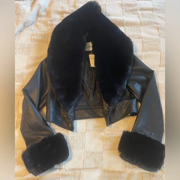 Black Faux Leather Jacket with Faux Fur Cuffs - Picture 2 of 6